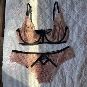 Victoria's Secret Blush Pink Lace Bra & Bikini Set with Black Trim